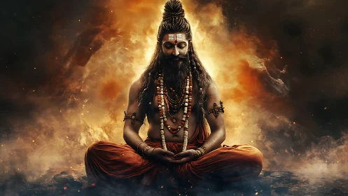 Meditating robed figure with ash markings before fiery haze.