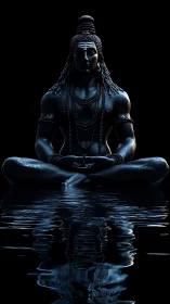 Silent blue deity rests in deep meditation above water