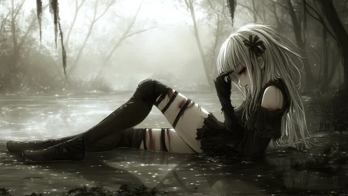 Solitary anime figure reclining in shallow reflective water.