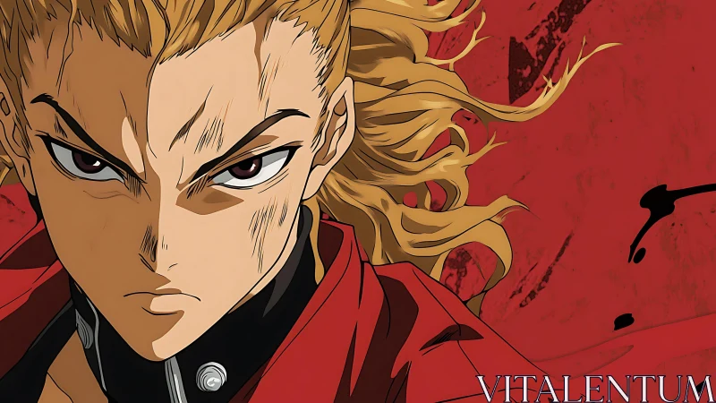 Intense anime warrior locks gaze against bold red storm.