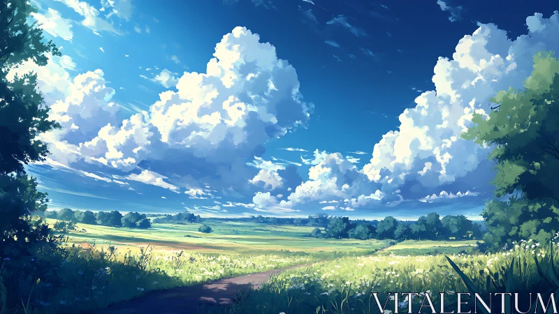 Vast summer meadow under towering cumulus clouds at noon.