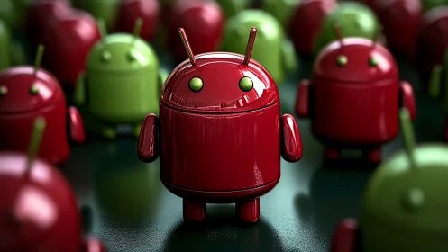 Glossy red android mascot contrasts against green robotic crowd