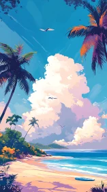 Tropical Coastal Paradise: Digital Illustration with Luminous Sky.