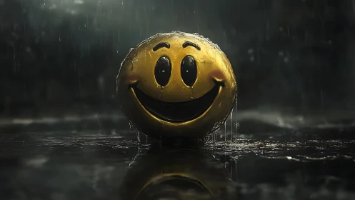 Smiling yellow face in heavy rain on reflective ground.
