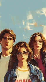 Confident friends stand together under a bright painted sky