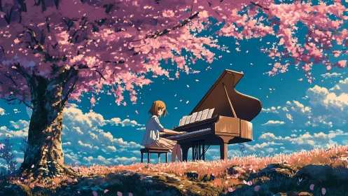 Girl plays grand piano beneath drifting cherry blossoms.