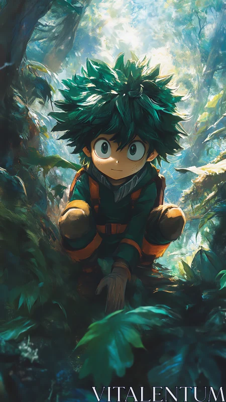 Forest scout anime hero crouching under dappled light.
