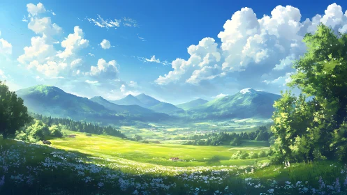 Digital painting pastoral valley under expansive summer sky.