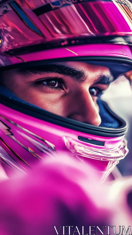 Close-up motorsport portrait with reflective pink helmet.