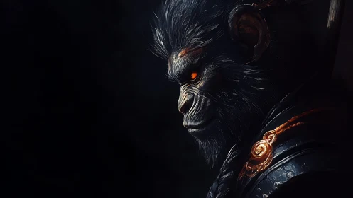 Warrior monkey in ember-lit armor against deep shadow.