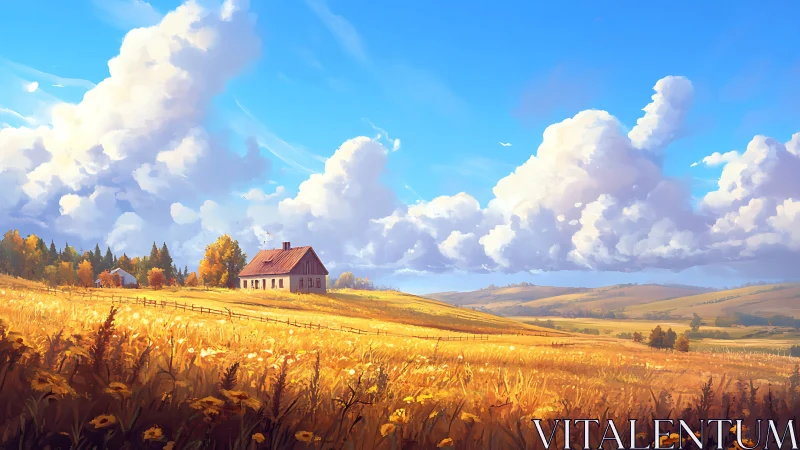 Country farmhouse overlooks golden autumn meadow under clouds