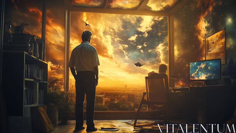 Sunlit studio overlooking sci-fi skyline with cinematic clouds.