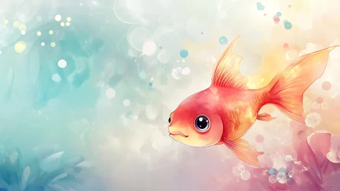 Cute orange goldfish against soft pastel water backdrop.