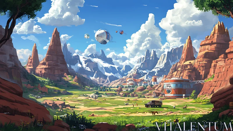 Futuristic settlement in red rock canyon valley landscape.