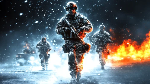 Battle-hardened soldiers advance through fire and snow.