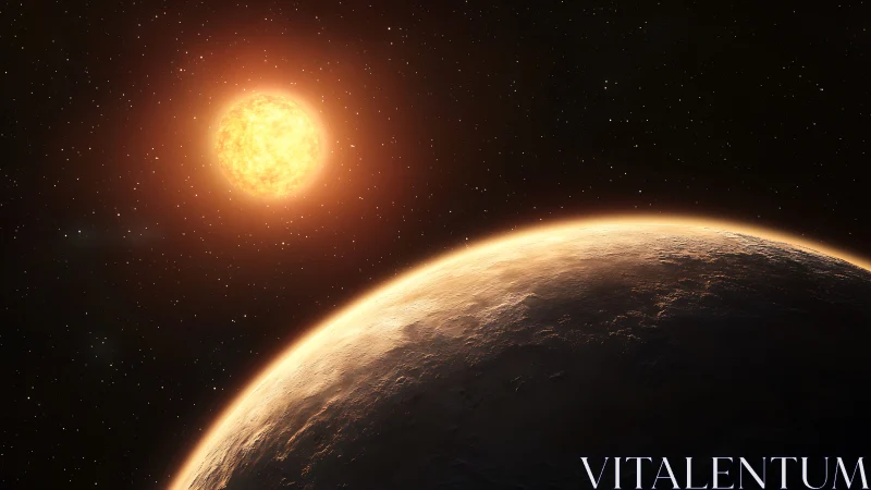 Illuminated exoplanet horizon beneath nearby dwarf star.