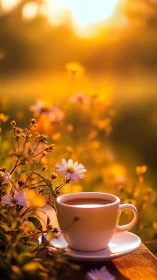 Morning coffee glows in golden sunrise garden light.