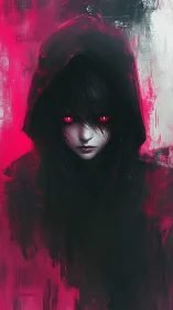 Hooded figure with glowing eyes emerges from neon shadows