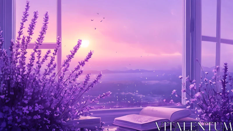 Lavender window daydream with soft sunset and open book.