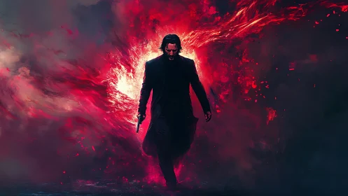 Lone gunman strides through explosive crimson vortex.