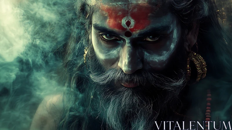 Mystic shaman portrait with smoke and ritual markings.