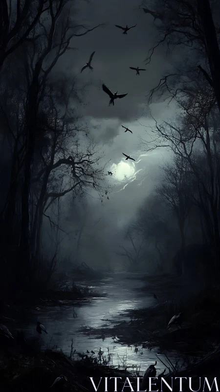 Moonlit ravens glide above a quiet, misty forest river