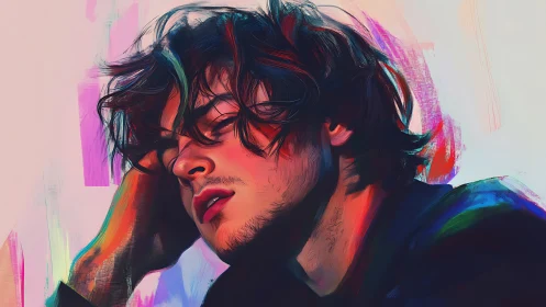 Male portrait in profile with multicolored digital lighting.