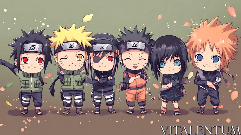 Chibi ninja lineup with stylized uniforms and high-saturation palettes