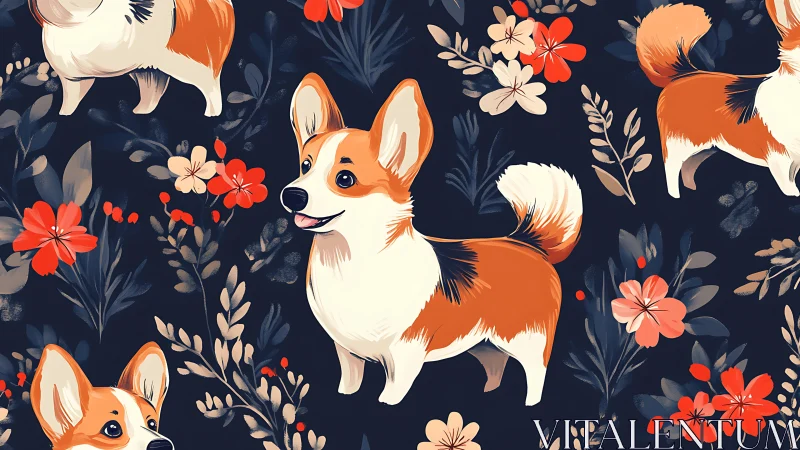 Corgi pattern with floral navy background, bold autumn palette.
