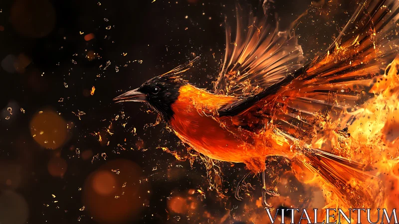 Flame-feathered songbird erupts from molten embers mid-flight