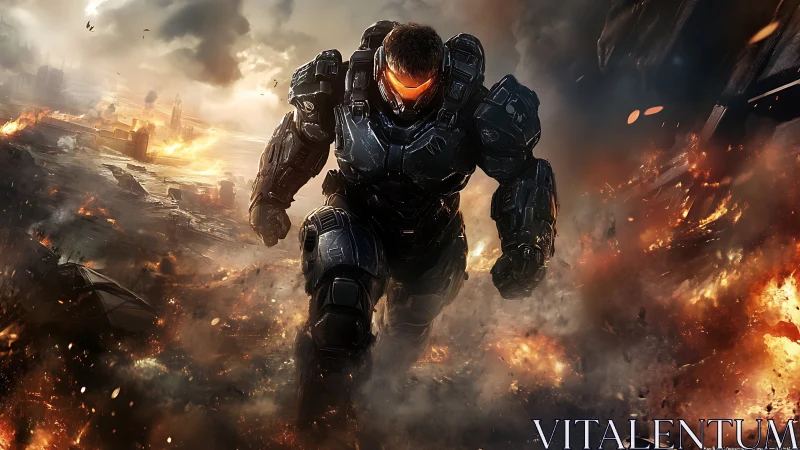 Armored super soldier charges through burning warzone