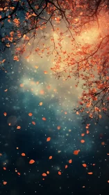 Falling autumn leaves drift through a dreamy twilight sky