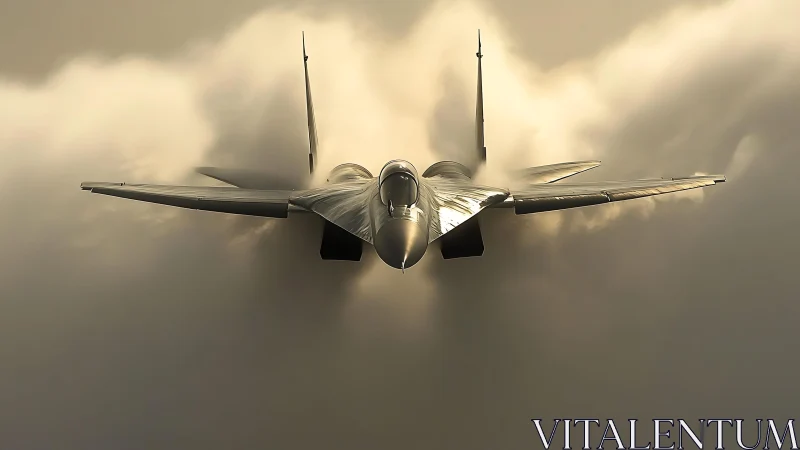 Stealth fighter jet piercing storm clouds at golden hour.