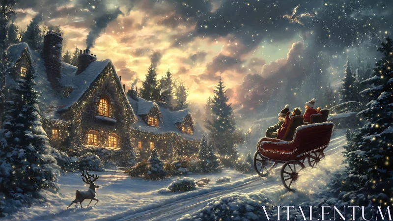 Illuminated winter cottage with reindeer sleigh transit at dusk.