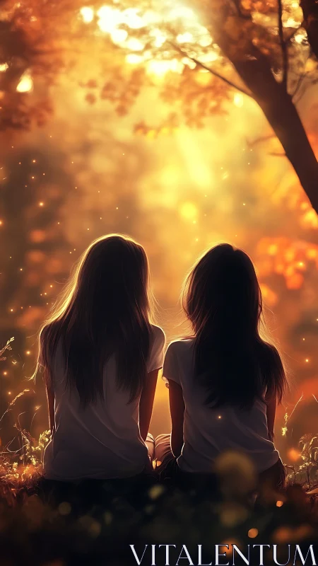 Two figures watching golden sunset through autumn trees.