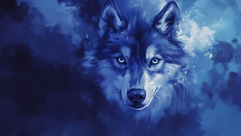 Moonlit cobalt wolf gazes through swirling night paintstorm.