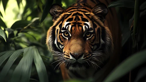 Jungle-eyed tiger stalks through emerald shadowed leaves.