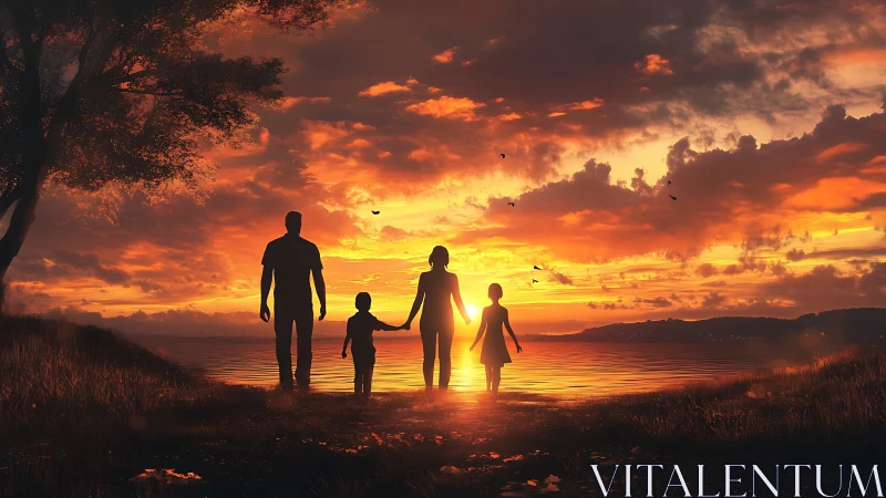 Digital painting of silhouetted family at radiant sunset shore.