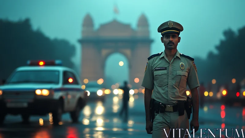 Police officer on urban roadway near landmark monument at dusk.