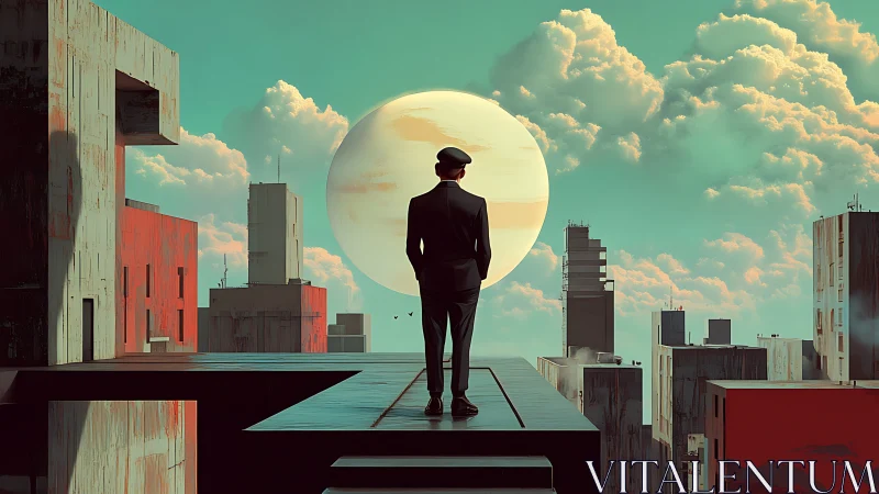 Solitary suited figure on geometric rooftops at large moon.