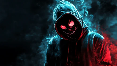 Neon hooded phantom grinning through electric smoke storm.