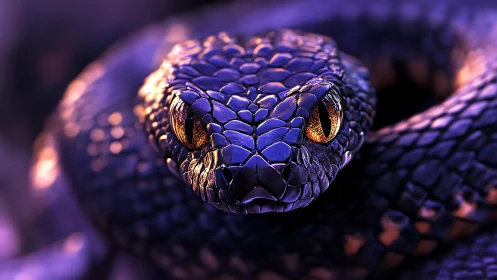 Golden-eyed snake rests in a glowing violet twilight curl