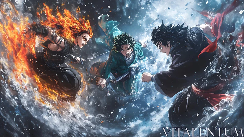 Triadic elemental duel unites fire, water and motion in anime art