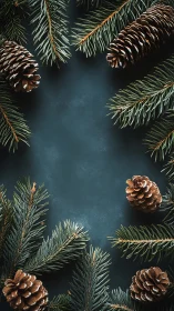 Evergreen branches frame pinecones on deep teal background.