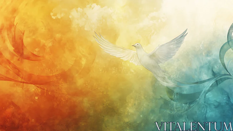 White dove soars across warm gold and cool teal sky