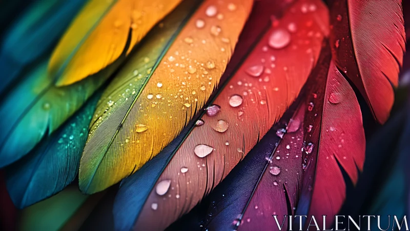 Macro view of multicolored feathers with surface water droplets.