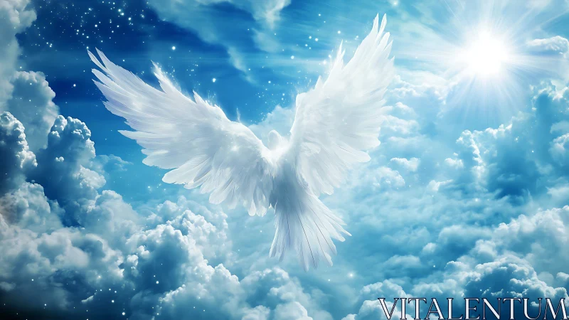 Radiant celestial dove ascends through volumetric cloudscape