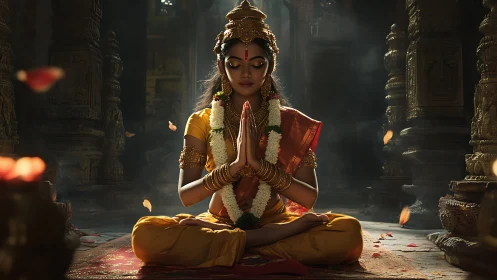 Serene temple meditation with graceful woman in warm light.