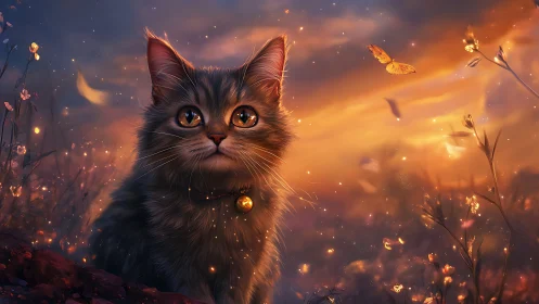 A Magical Cat's Golden Gaze Through Enchanted Fire