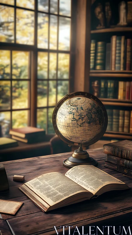 Vintage study desk with globe and open reference book.